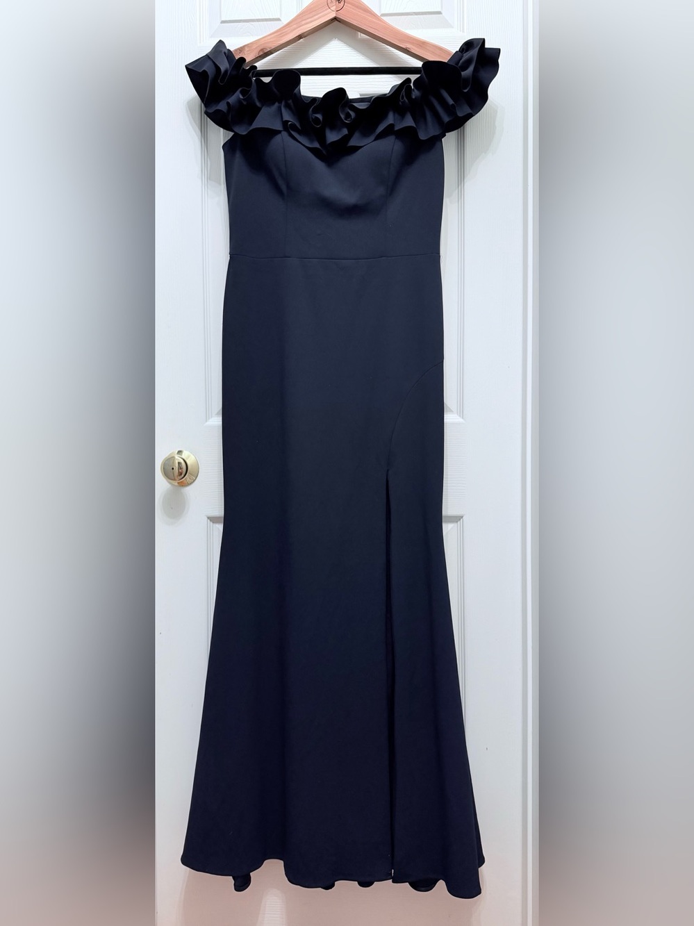 NWOT Xscape Navy Ruffle off the shoulder gown